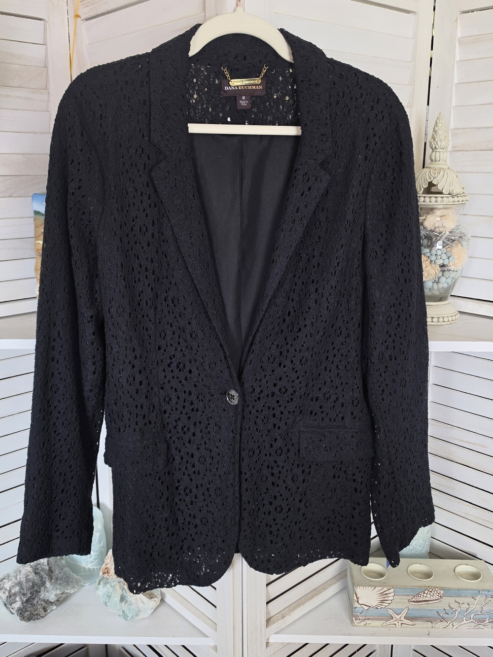 Dana Buchman Black Lace Blazer Size 12 Crochet Knit Single Button Formal Jacket